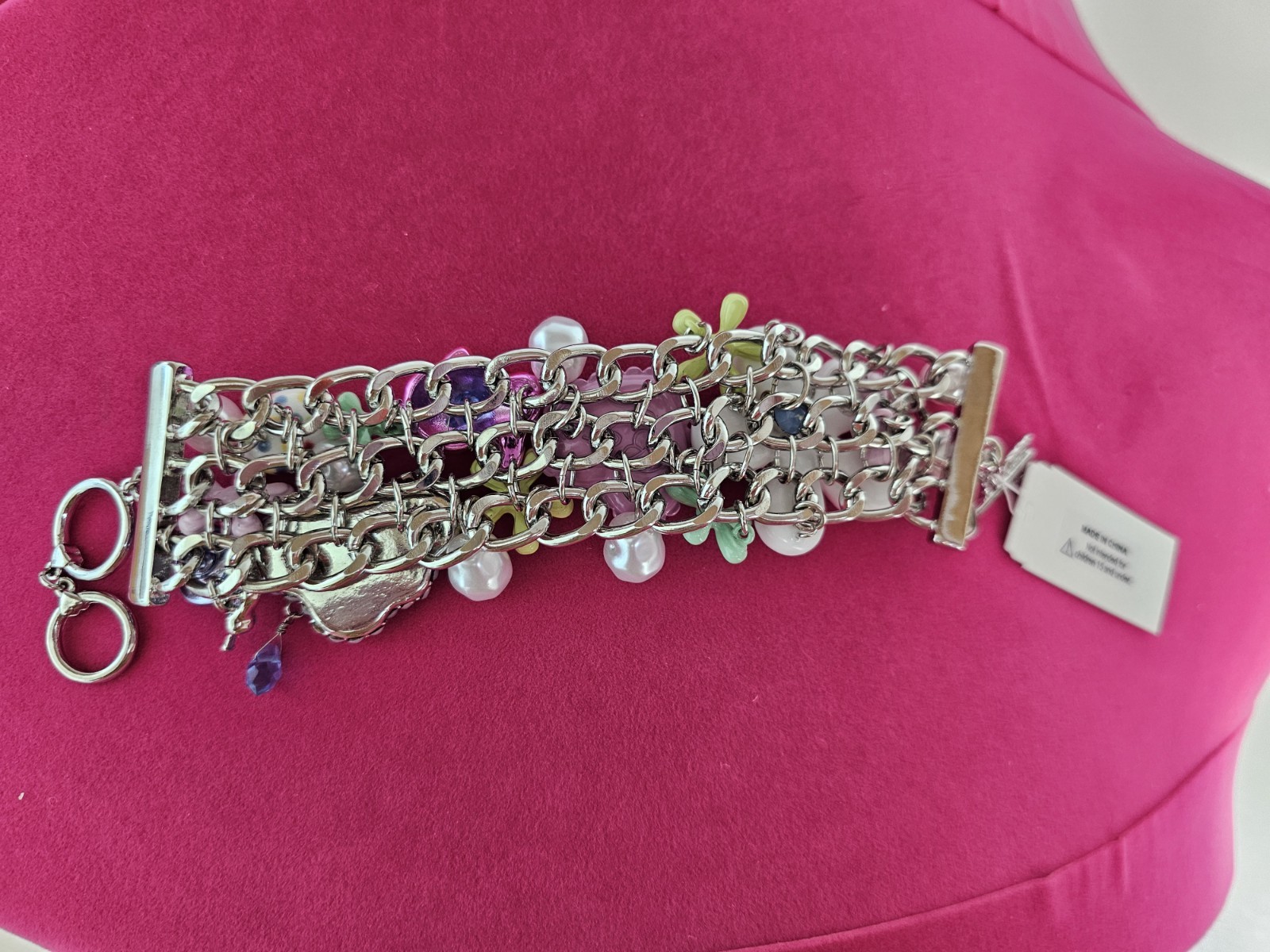 BETSEY JOHNSON Easter Hop Spring Floral Pink Bunny Statement Bracelet NWT $148