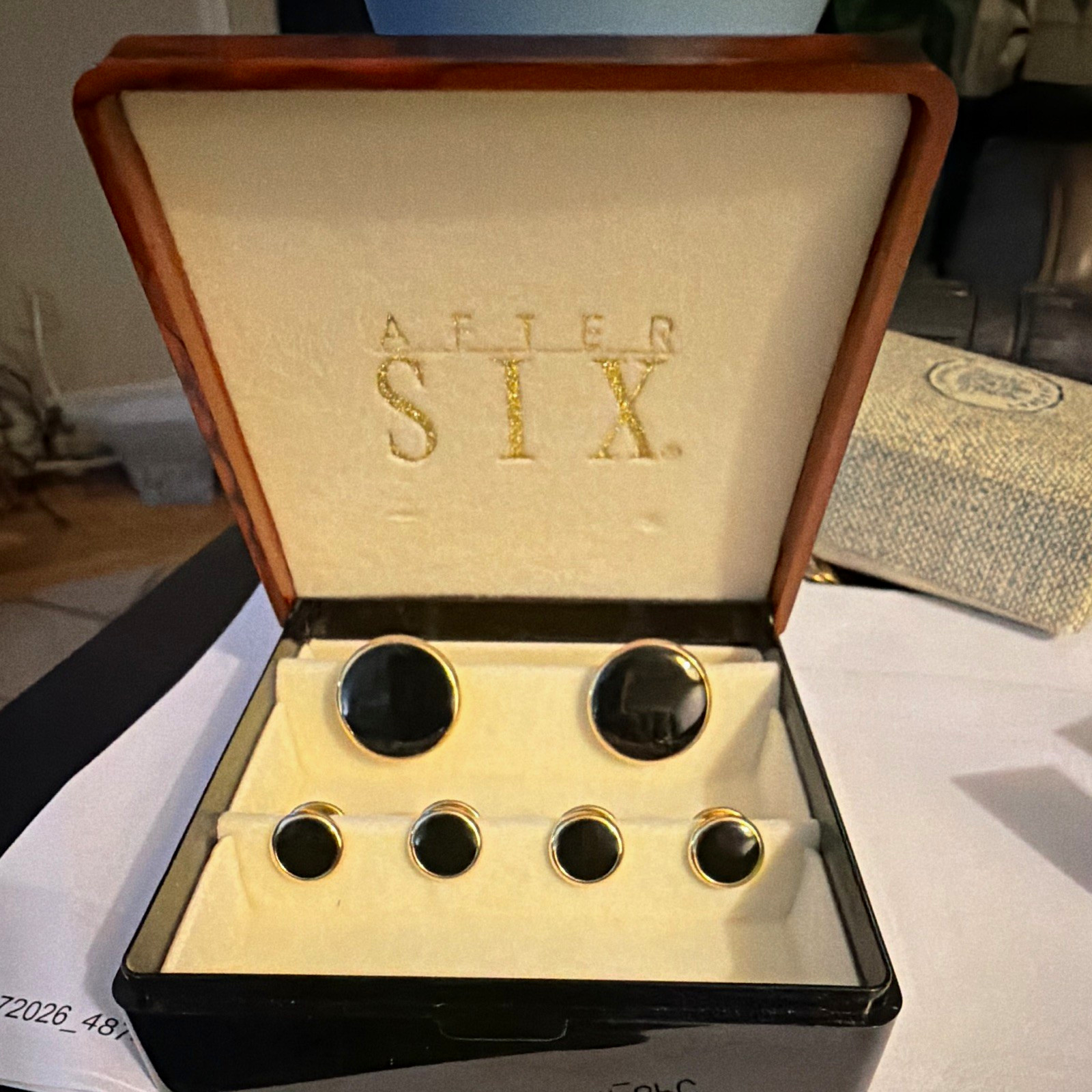 Vintage After Six Tuxedo Cufflinks Shirt Stud Set Black Onyx Gold Tone Boxed