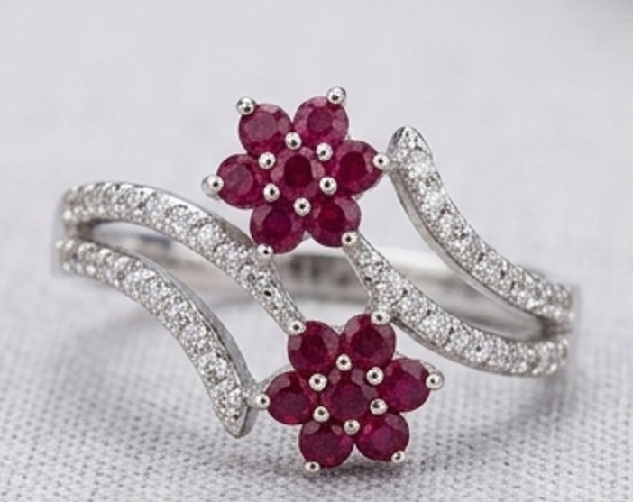 1ct Round Simulated Red Ruby/CZ Flower BYPASS Engagement Ring White Gold Plated
