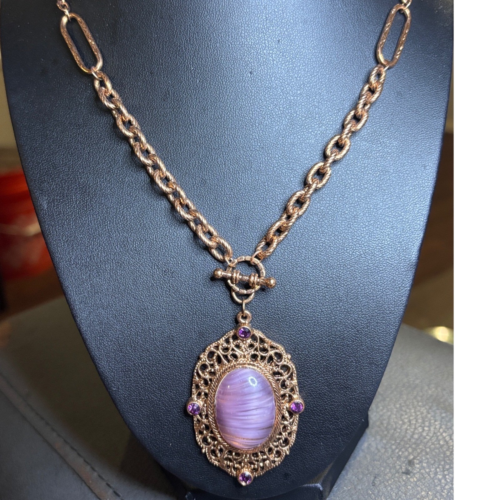Amethyst Glass Quartz & Amethyst Crystal Filigree Pendant Necklace 30″