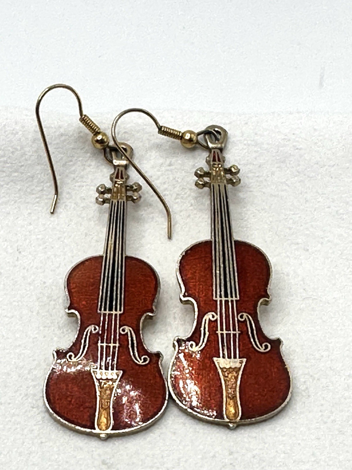 Vintage Future Primitive Violin Earrings Enamel Red Fiddle Musician Dangle