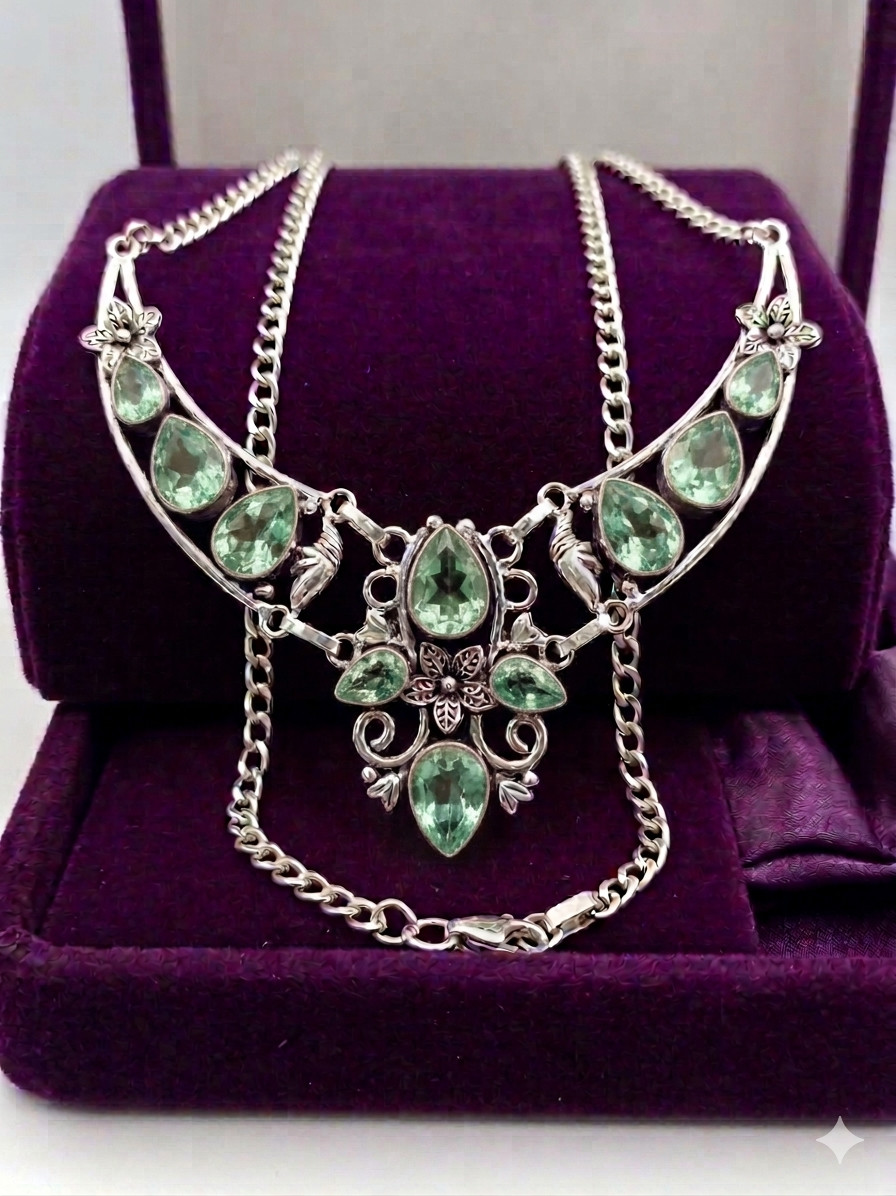 925 Sterling Silver Green Amethyst Gemstone Necklace Handmade Jewelry 18″