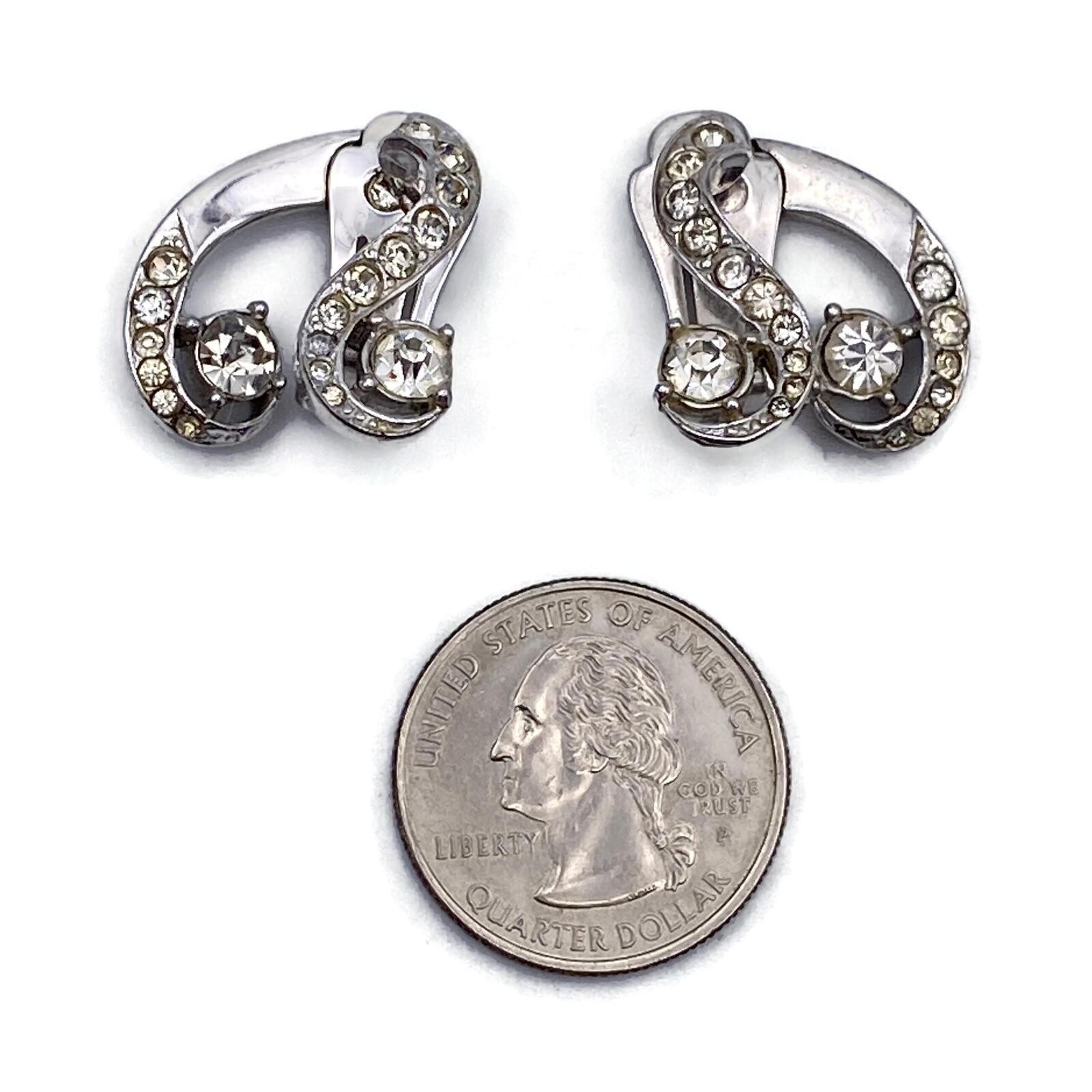 1950s Mid Century Style Silver Tone and Rhinestone Vintage Clip on Earrings.