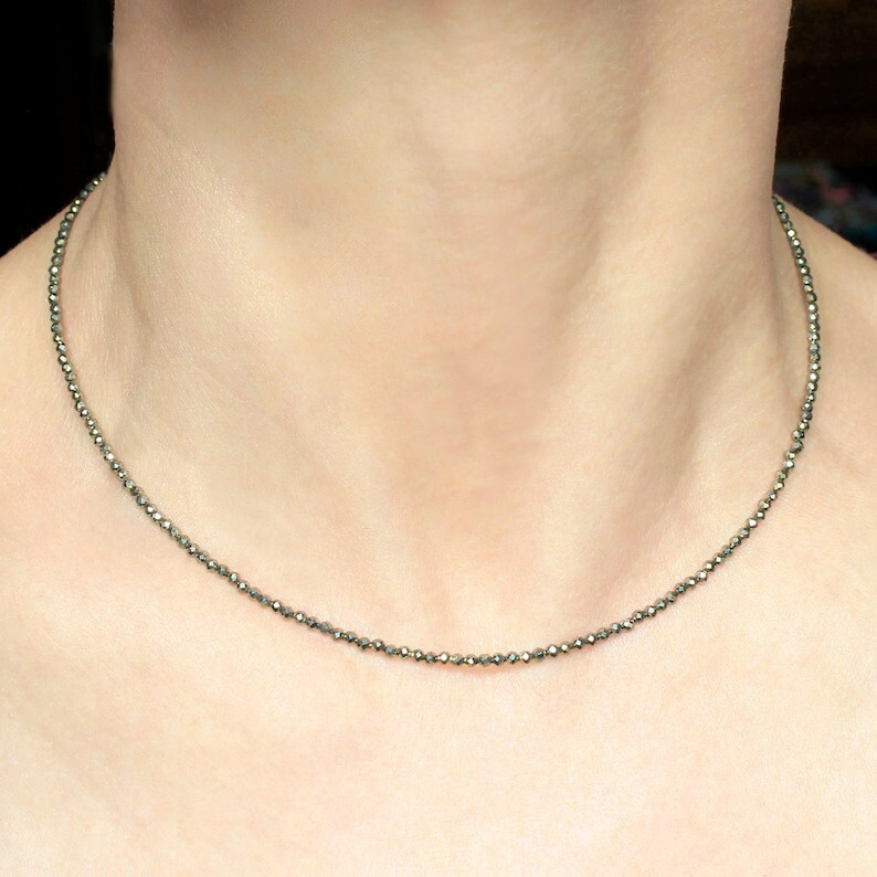 Natural Pyrite 2mm Beaded Choker Minimalist Dainty Gemstone Women Necklace Gift