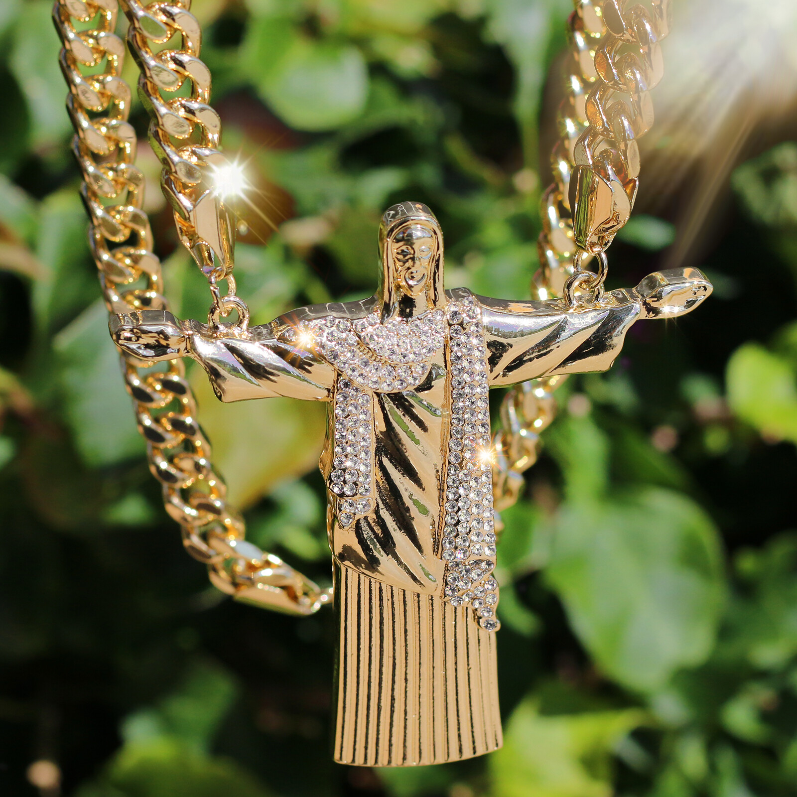 Gold Plated Huge Christ The Redeemer Pendant Cubic-Zirconia 30″ Cuban Chain