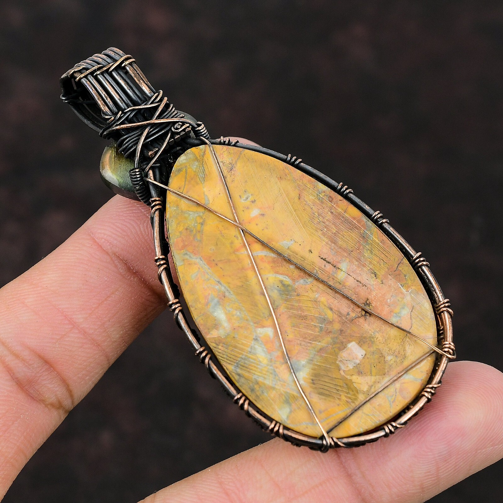 Gift For Her Copper Maligano Jasper Gemstone Jewelry Wire Wrapped Pendant 3.07″