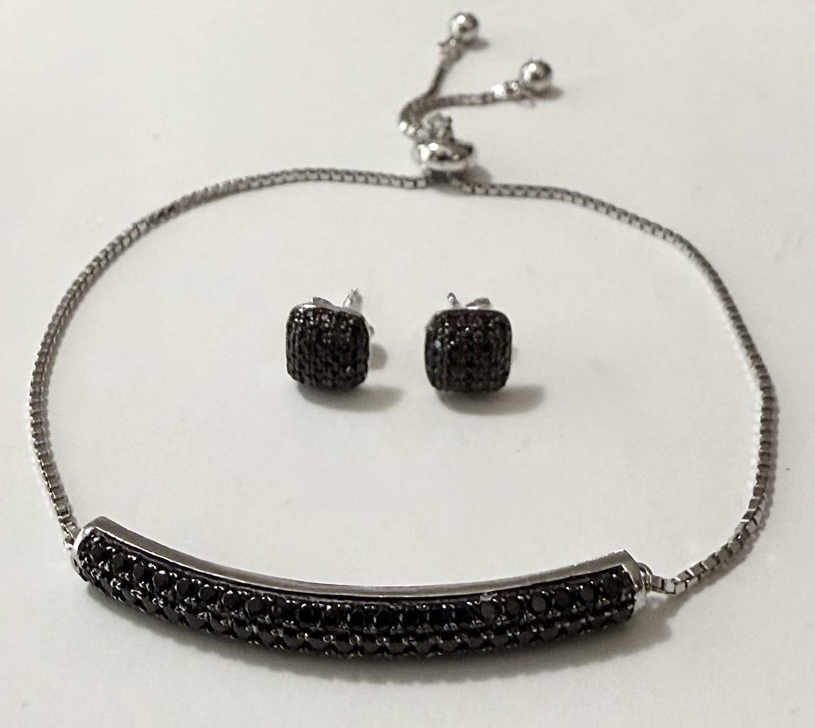 Fuzion Creations FZN Sterling Silver Black Spinel Bolo Bracelet Stud Earring Set