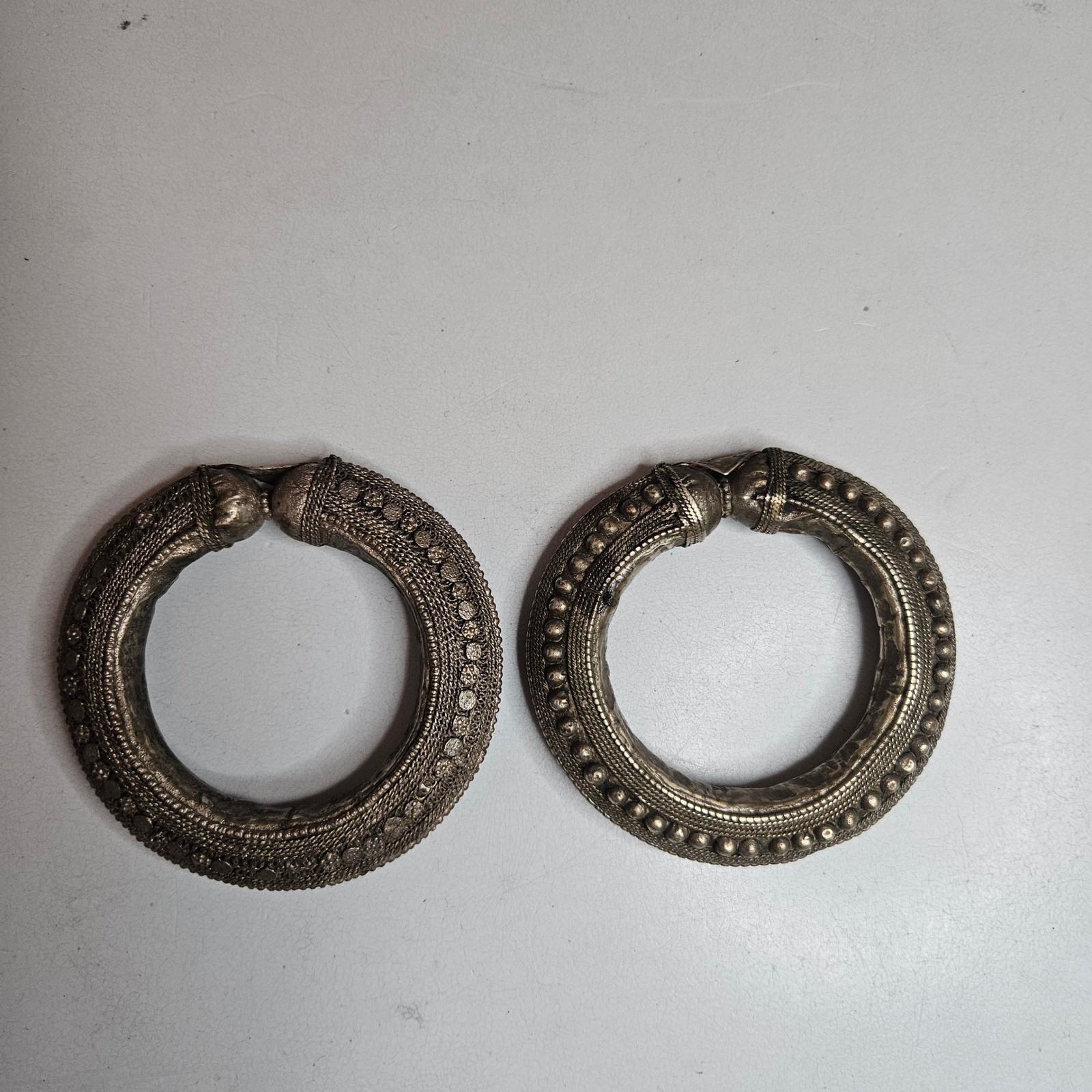 Antique Tribal Bedouin Silver Alloy Bangles Pair Saudi Arabia Souk Bohemian