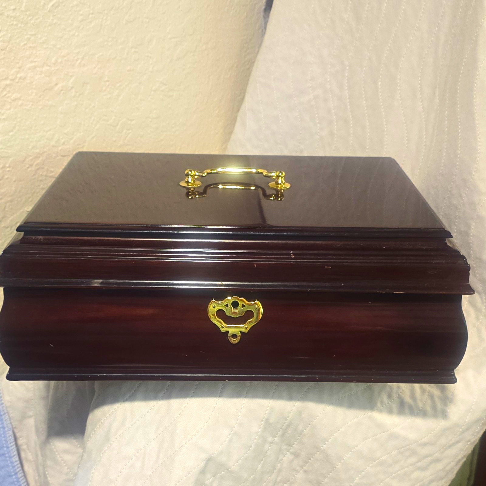 Vintage 1994 Wooden Jewelry Box Chest Burgundy Velvet Lock Key Made in Korea