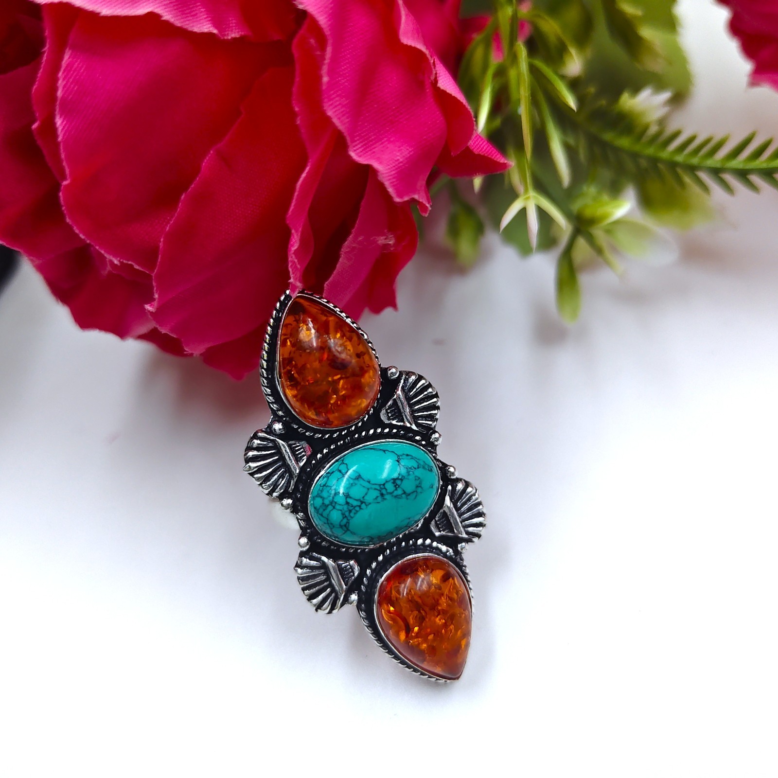 Baltic Amber&Turquoise Gemstone 925 Serling Silver Jewelry Ring All Size