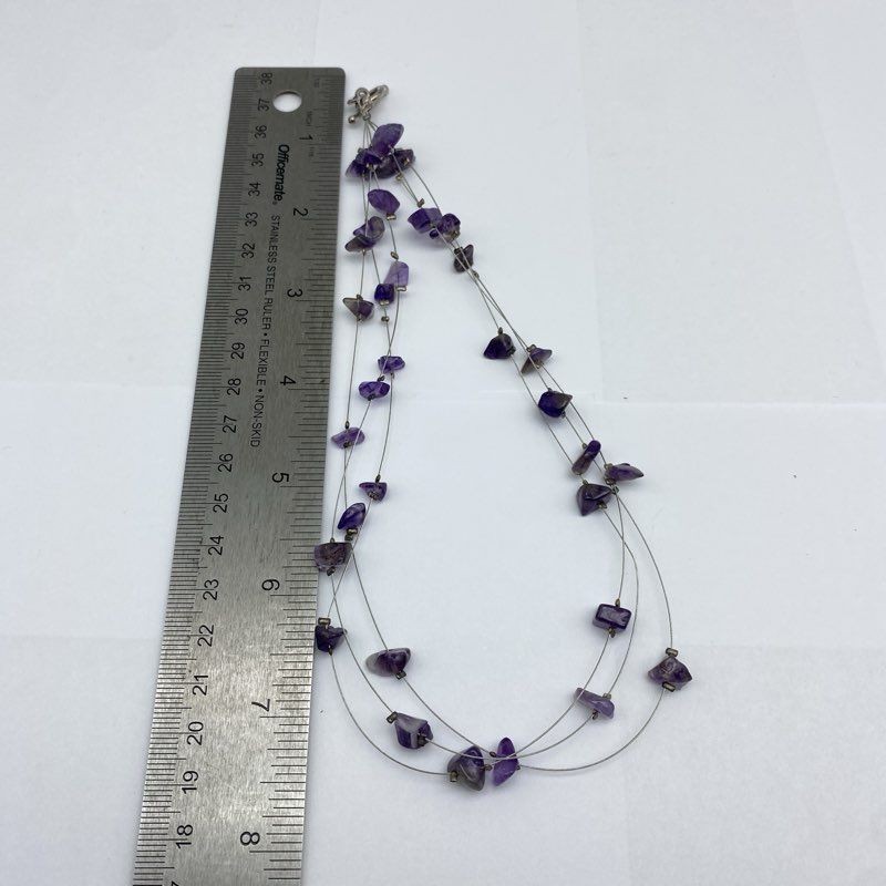 Sterling Silver 925 Amethyst Chip Triple Strand Floating Illusion Necklace 18″