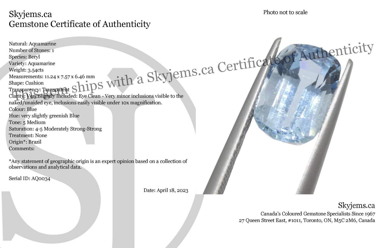 3.54ct Cushion Blue Aquamarine from Brazil