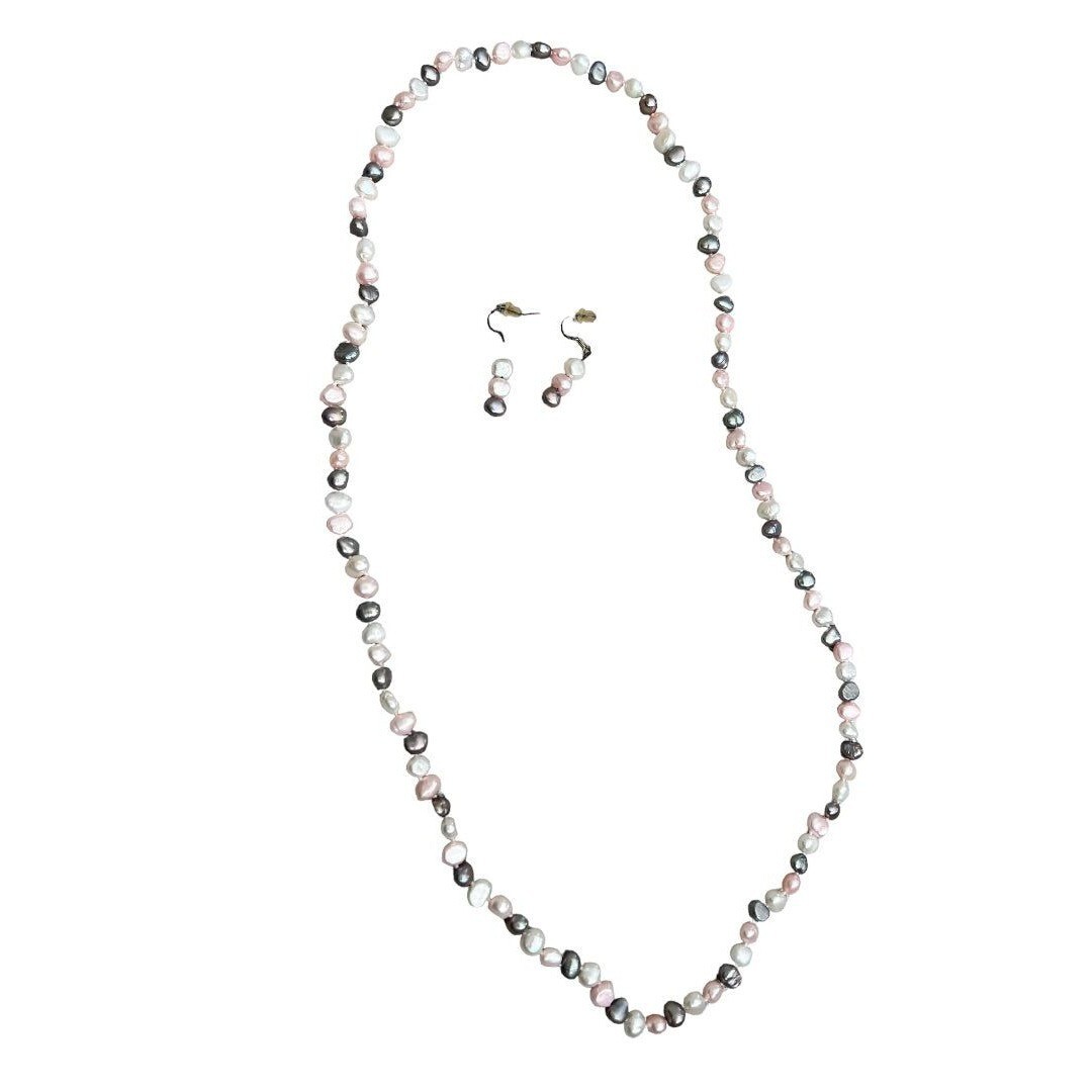 Freshwater Multicolor Pearl Necklace and Earrings Set Pink Gray White Dangle Ear