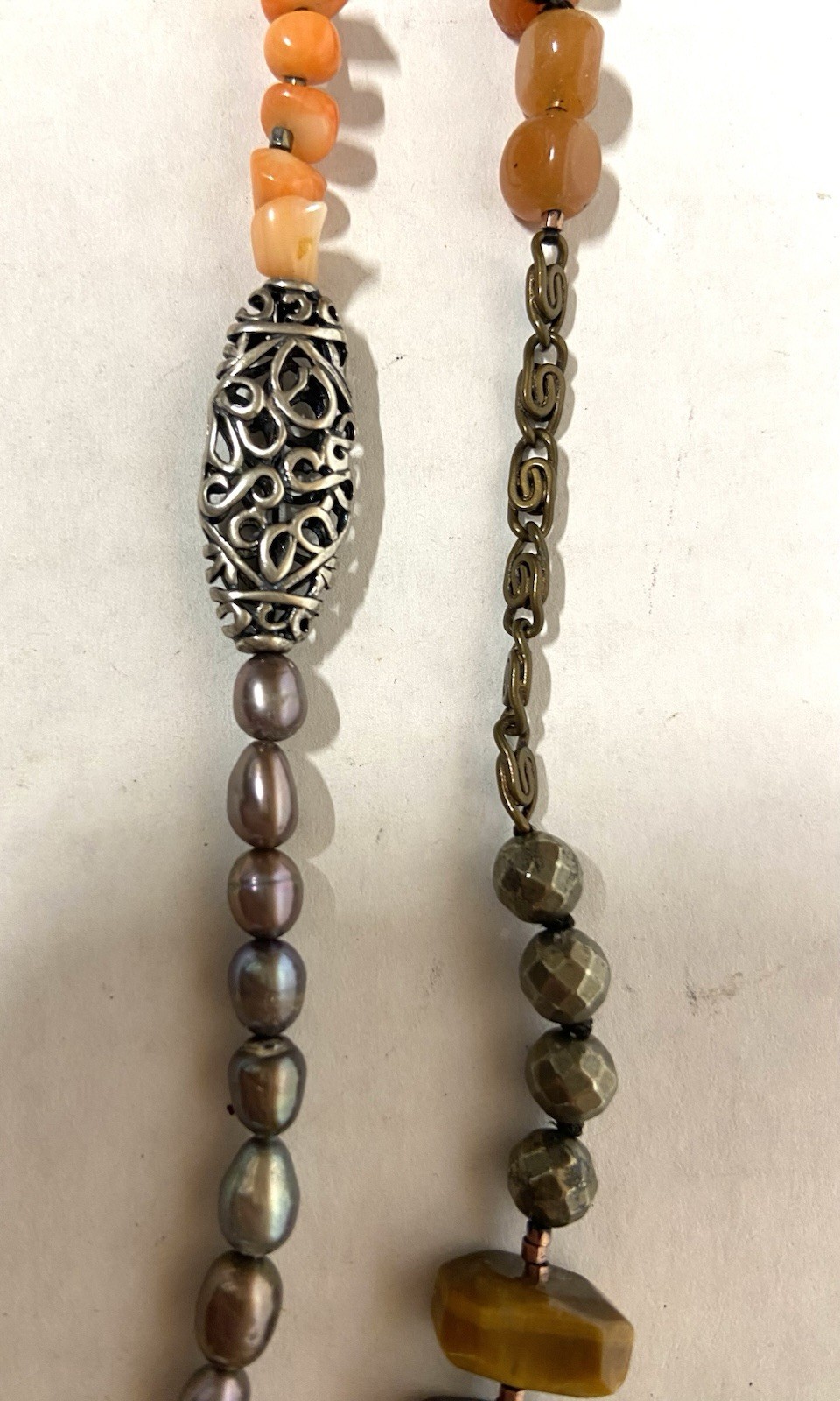 Vintage Multi Media Bead Necklace Extra Long 50”-metal, glass, stone, pearl