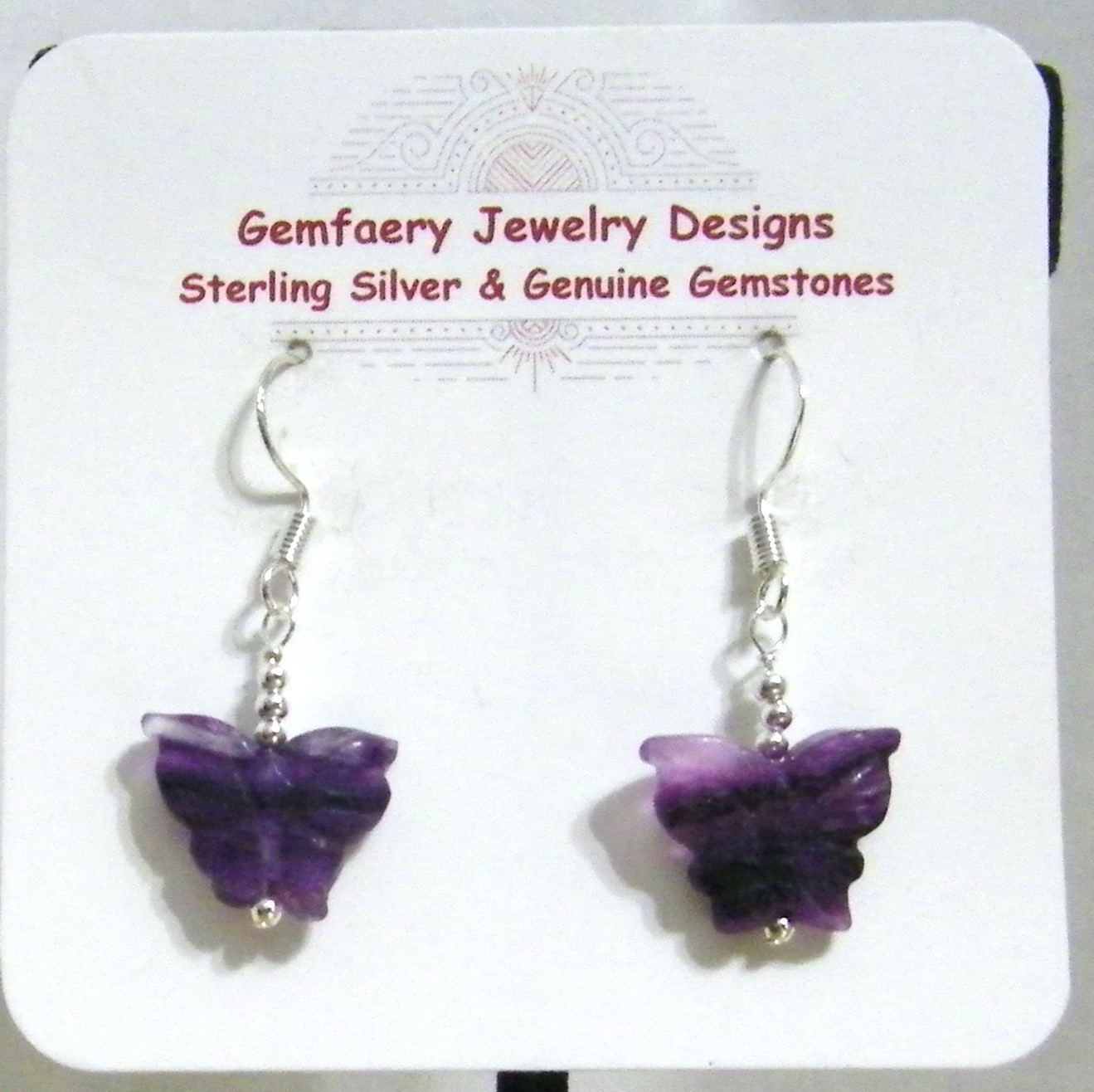 Sterling Silver Carved FLUORITE Butterfly Dangle Earrings #31…Handmade USA