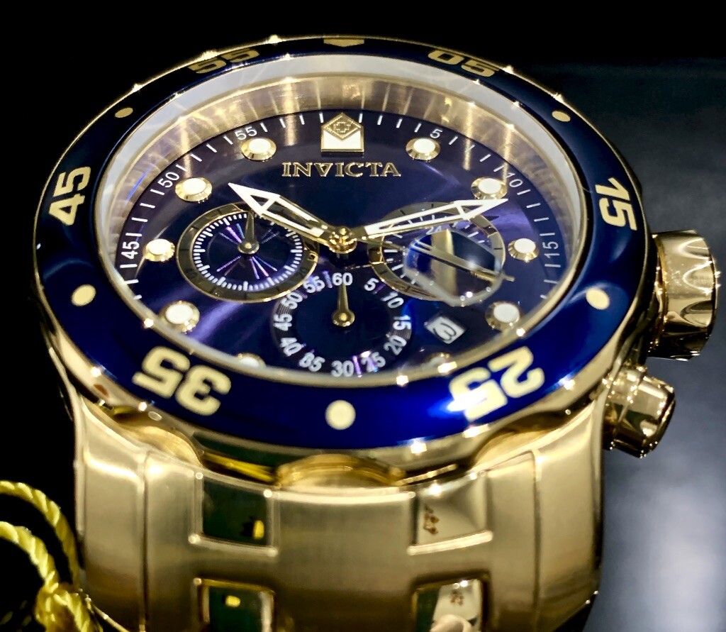 Invicta Mens PRO DIVER SCUBA Chronograph Blue Dial 18Kt Gold Plated Watch 0073
