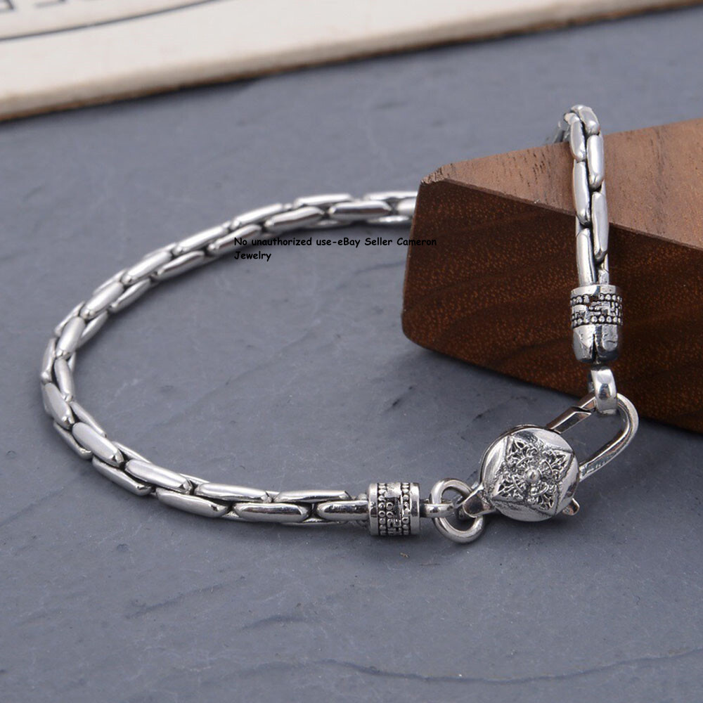 Solid S925 Sterling Silver Chain 3.5mm Vajra Bamboo Link Bracelet 6.3-8.7inch
