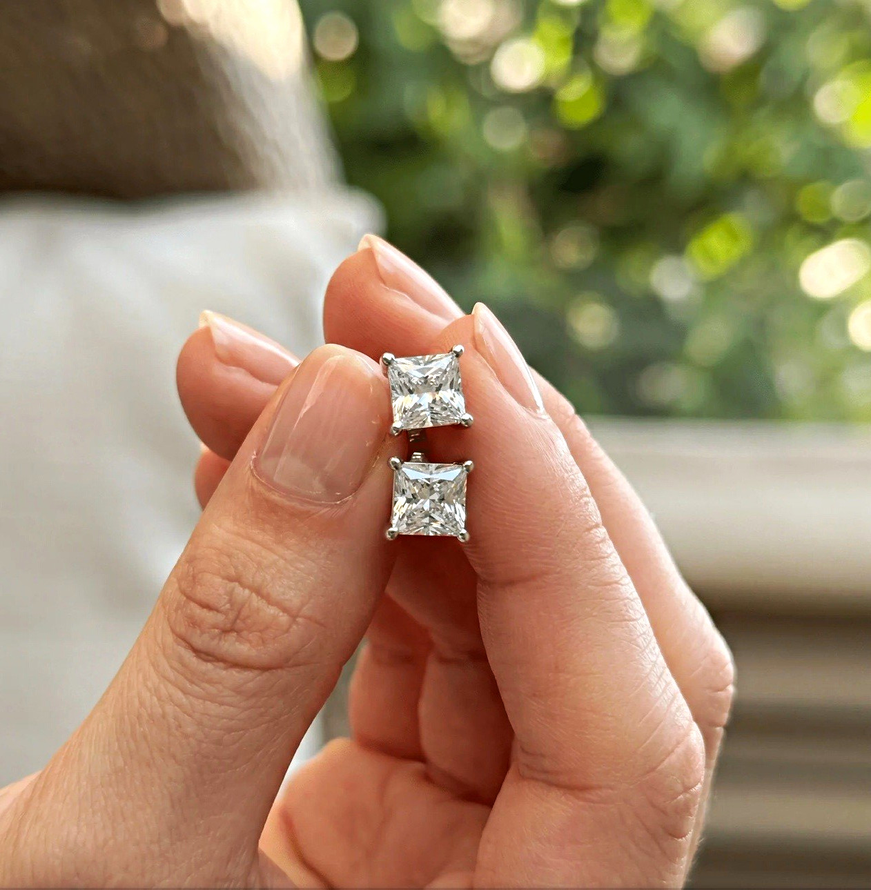 Square White Simulated Diamond Stud Earrings Pair Silver Prong Butterfly Back