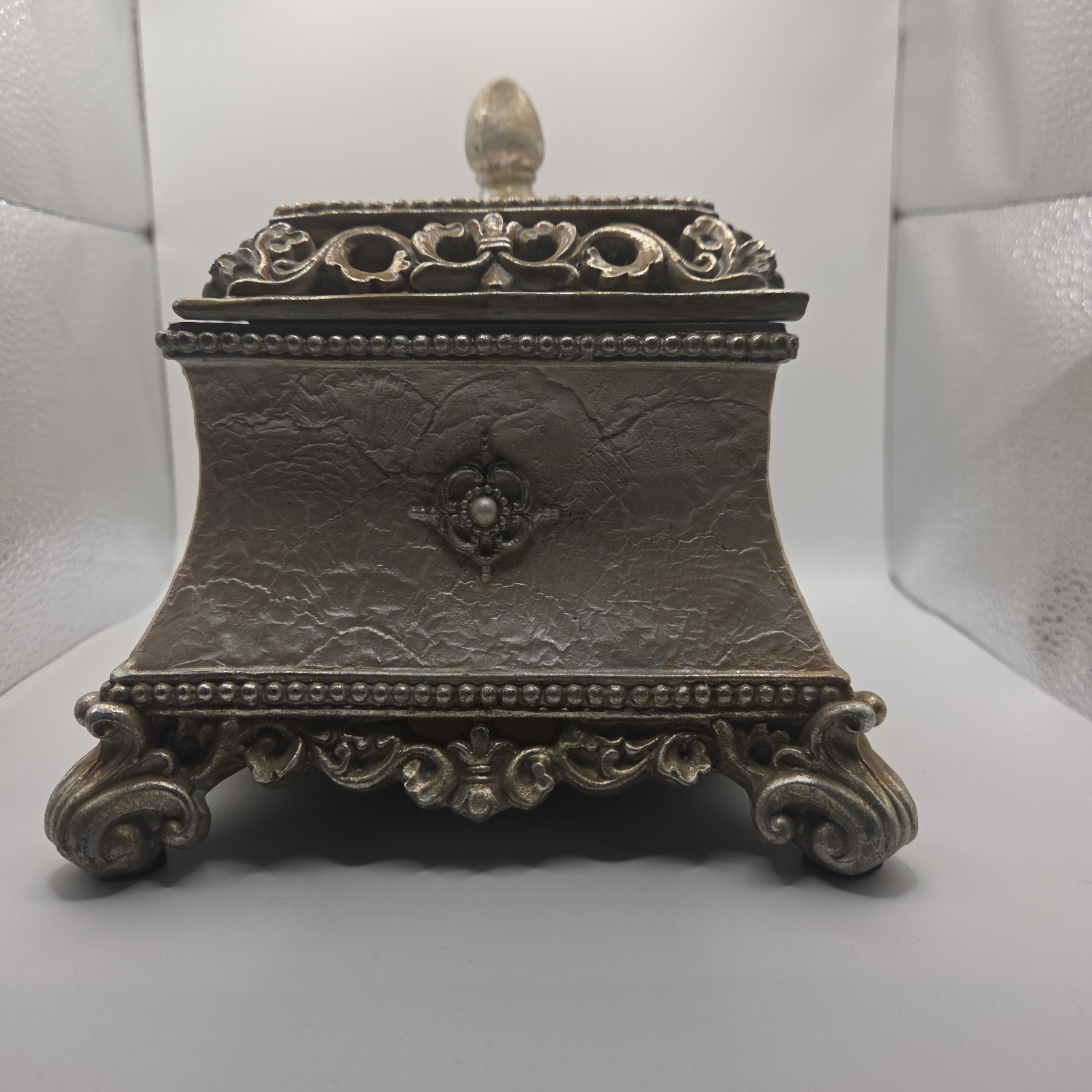 Ornate Vintage Style Decorative Keepsake Jewelry Box Silver Gold Footed Storage