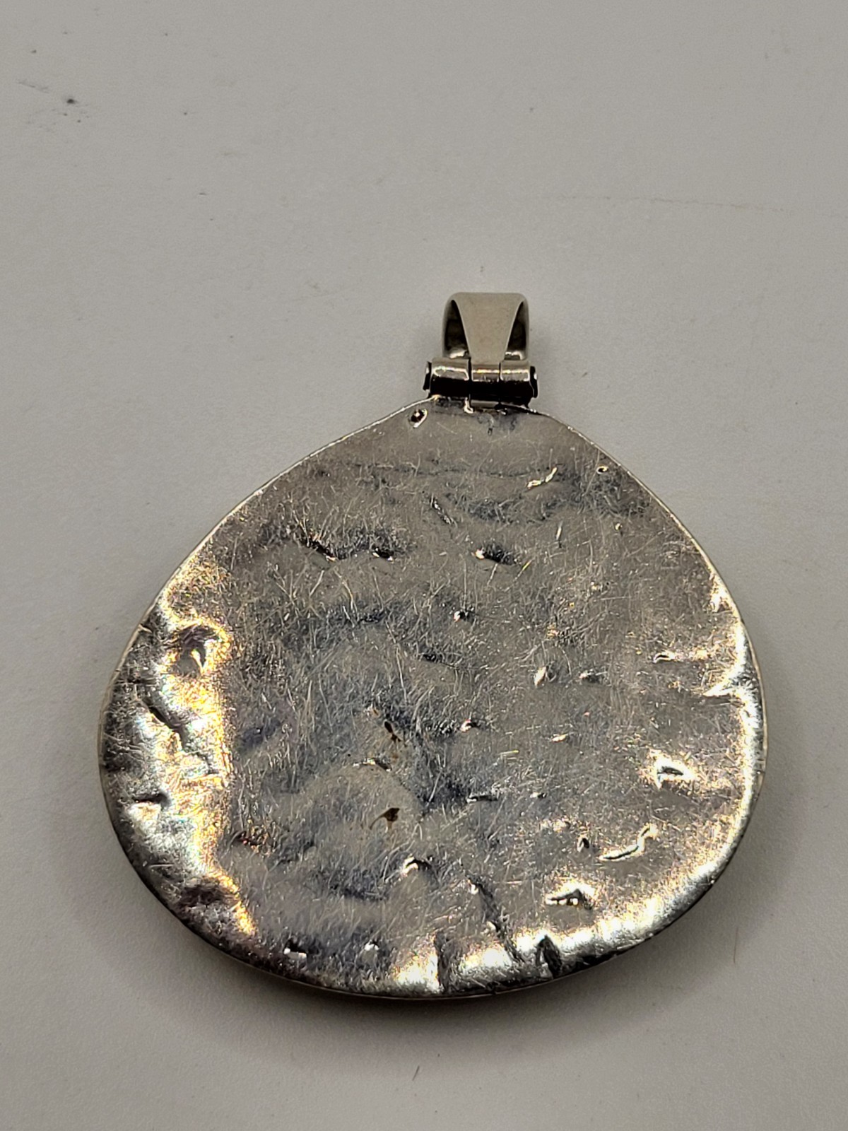 Large Hammered Sterling Frame MOP Irredescent Shell Pendant Closed Back Mexico