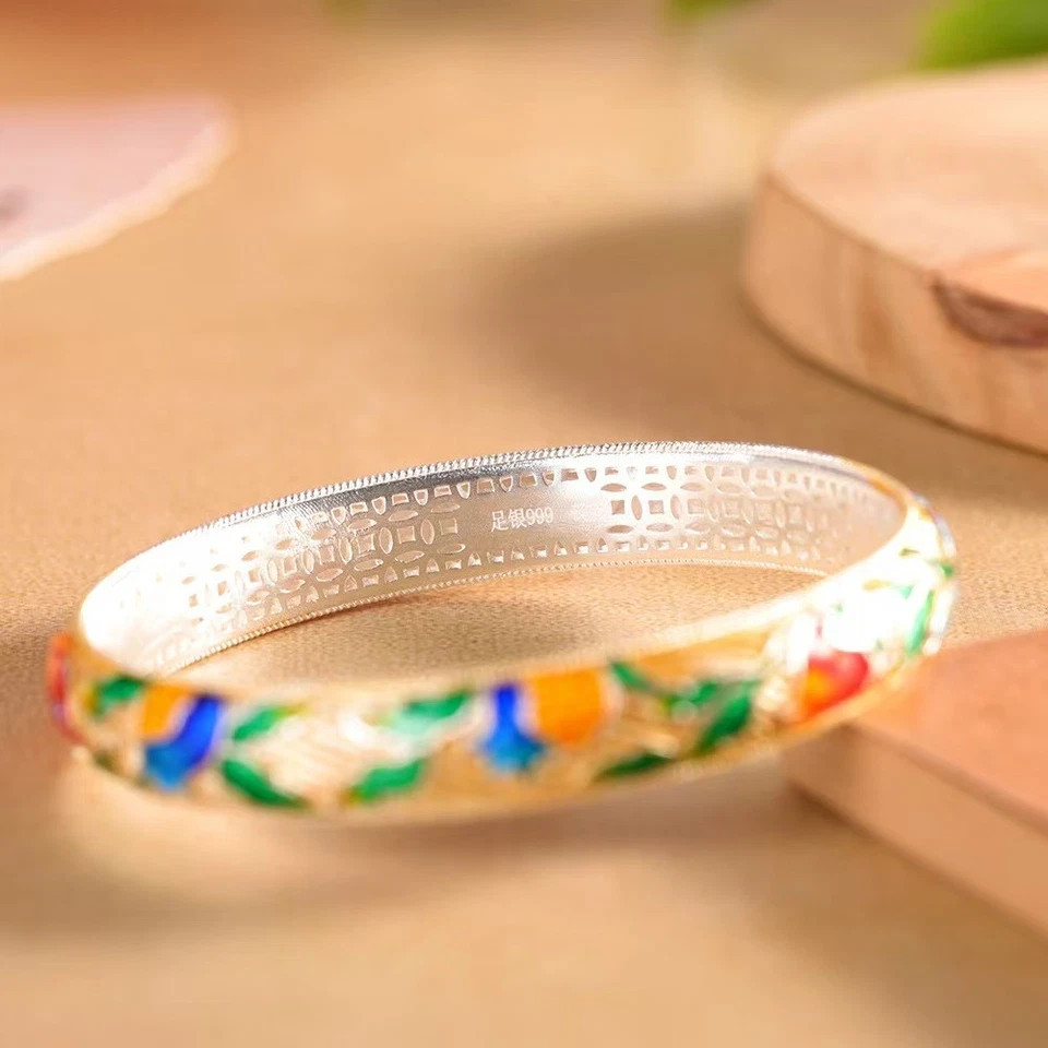Pure S999 Fine Silver Bracelet 10mm Lucky Enamel Fish Open Bangle 34-35g ID:58mm