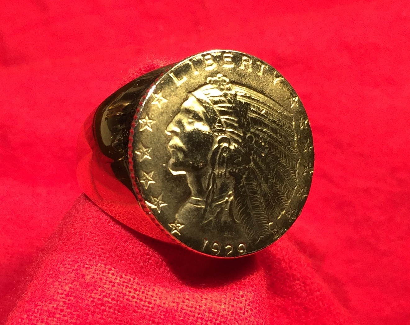 1929 Heavy Gold Plated Indian Head Feather Headdress Half Eagle Coin Ring Sz 10