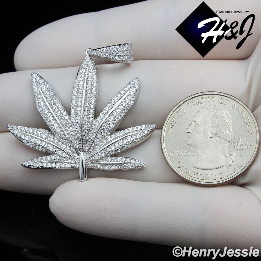 MEN SOLID 925 STERLING SILVER ICY BLING CZ SILVER 3D MARIJUANA LEAF PENDANT*P434