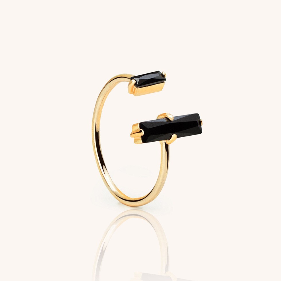 Black Obsidian Bar 18K Gold Dainty Minimalist Healing Women Open Size Ring Gifts
