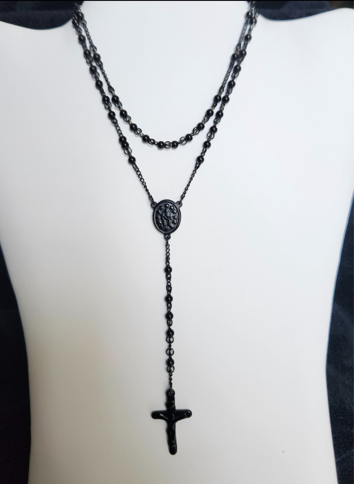 PURE LUX BLACK STAINLESS STEEL ROSARY CROSS NECKLACE – 24″