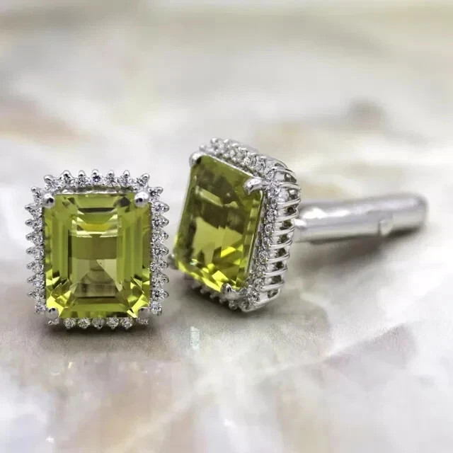 4Ct Emerald Cut Lab-Created Green Peridot Men’s Cufflinks 14K White Gold Plated