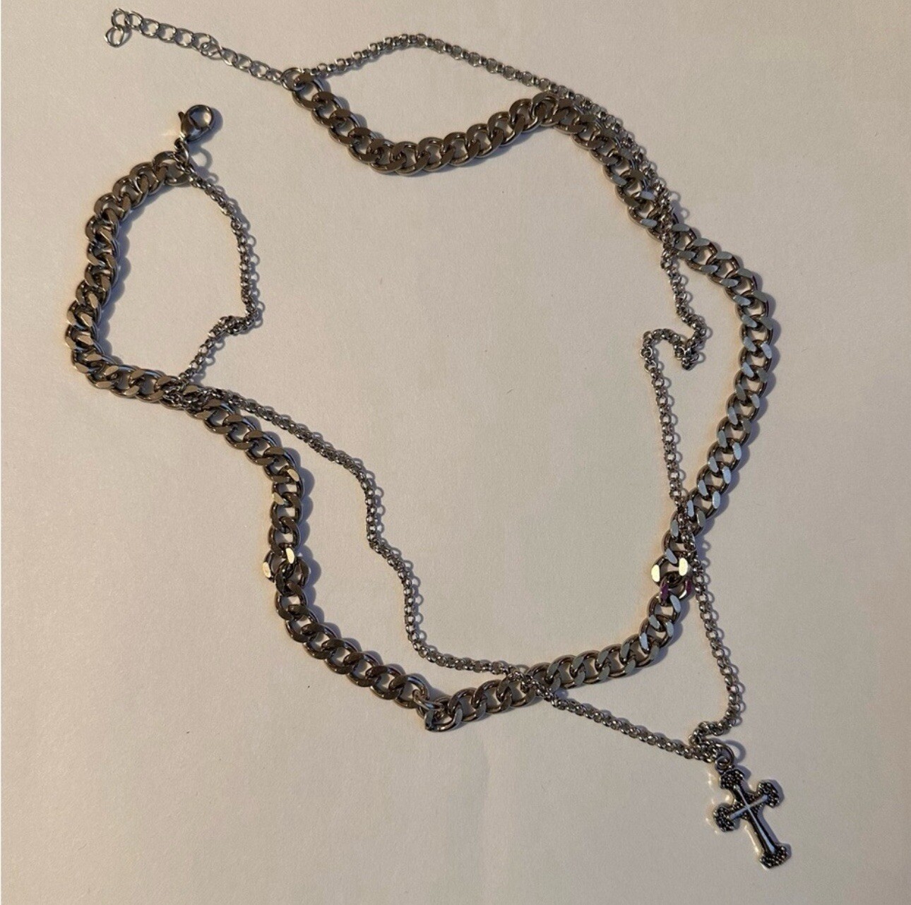 Mens Double Layer Cross Necklace Stainless Steel Chain Hip Hop Unisex Women New