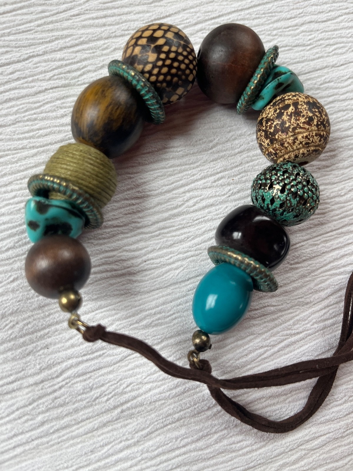Dark Brown Double Suede Cord w Chunky Turquoise Brown Metal Wood Plastic Bead
