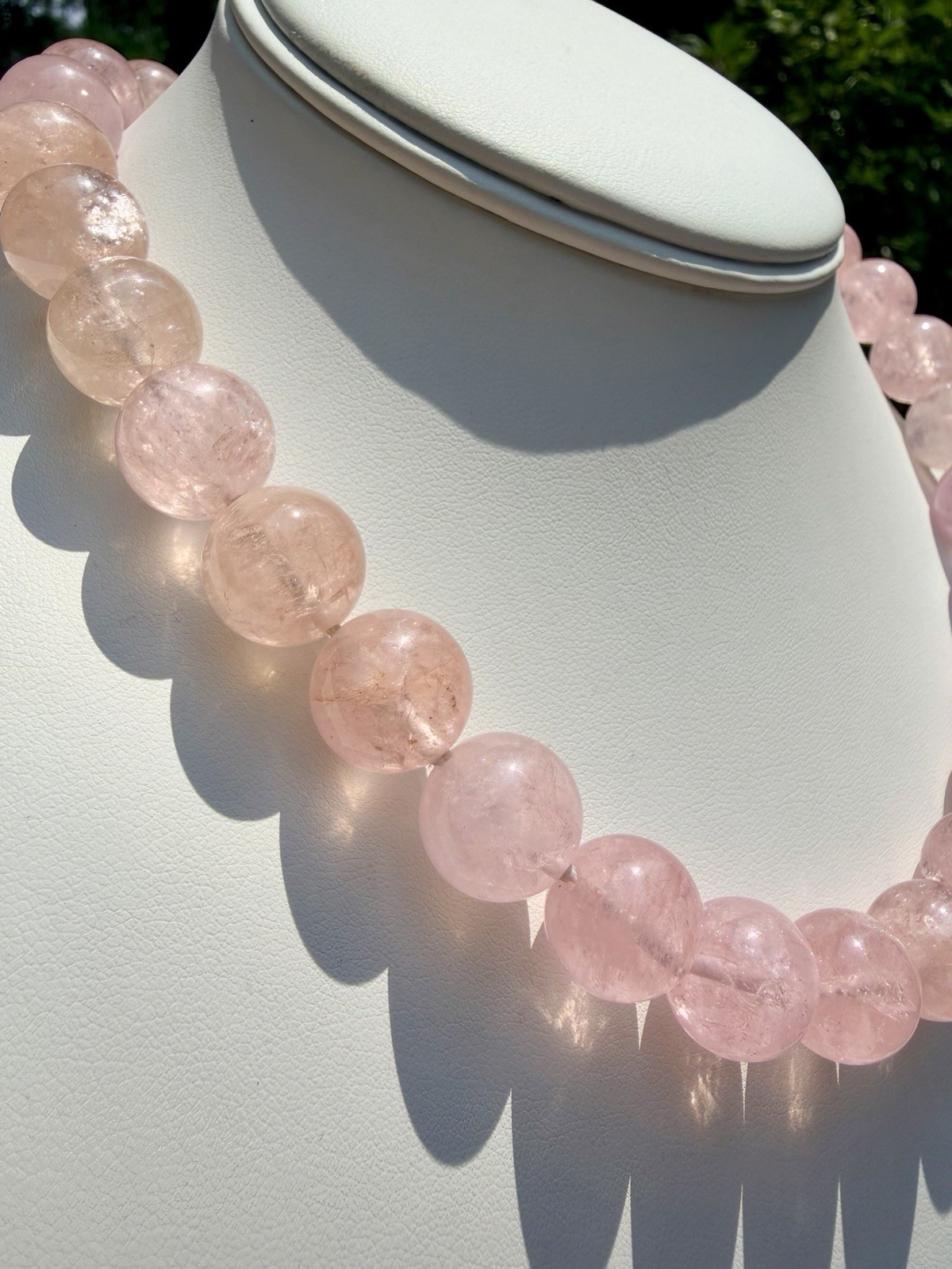 Madagascar Rose Quartz Necklace 14mm Silk Knotted 925 Cameo Clasp OOAK VTG