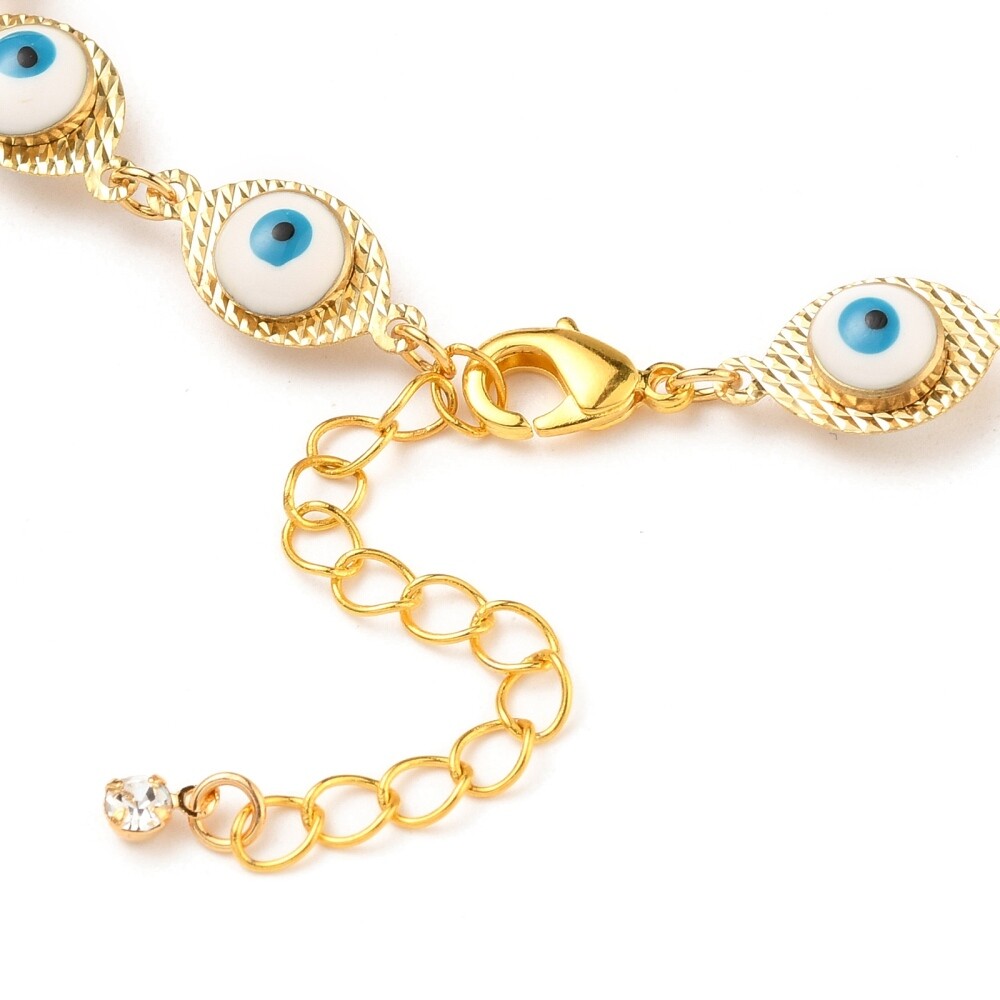 Brass Enamel Evil Eye Link Chains Anklet Bracelet Lobster Clasp Gold 9.6″ Z7
