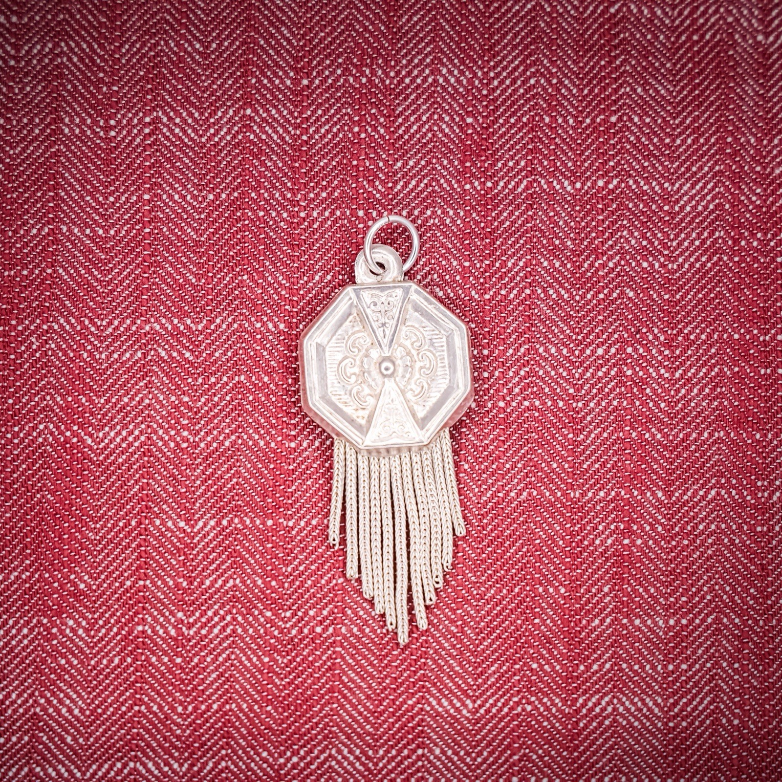 Antique French Puffy Tassel Charm Sterling Silver Die Struck Engraved Octagon