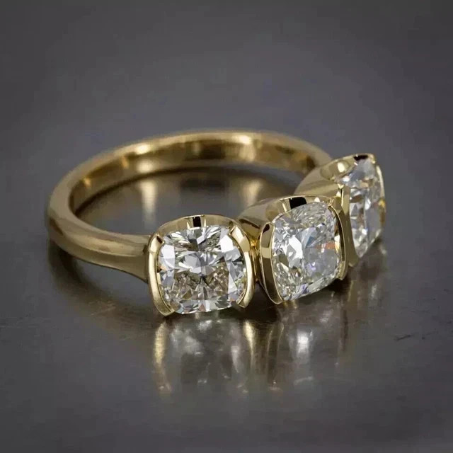3Ct Cushion Cut Lab Created Diamond 3 Stones Women’s Ring 14K Yellow Gold Plated