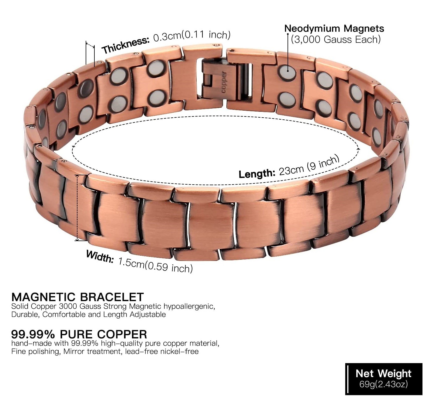 Men’s Bracelet Magnetic Therapy Arthritis Pain Relief Pure Solid Copper Bangle
