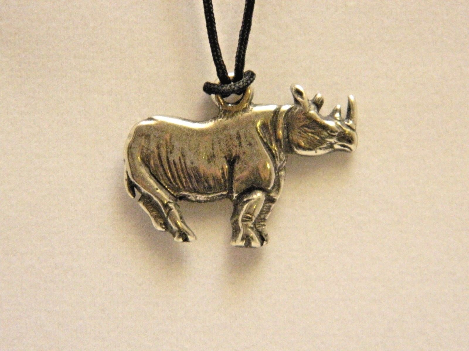 Rhinoceros Rhino Pendant Lead free Safe Pewter 1″ x 1-1/2″ Corded Made in USA