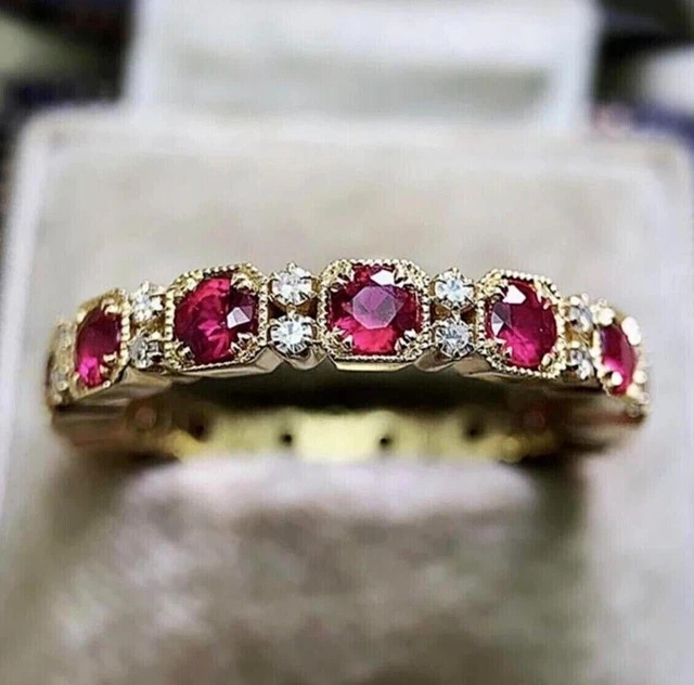1.90CT Round Cut Lab Created Red Ruby Engagement Ring In 14K Yellow Gold Plated
