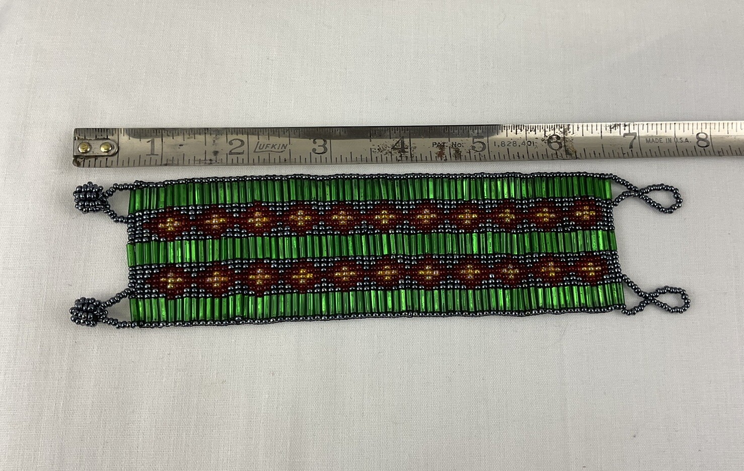 Glass Beaded Bracelet Aztec Style Black Gold Green Red L 7-1/2” x W2”