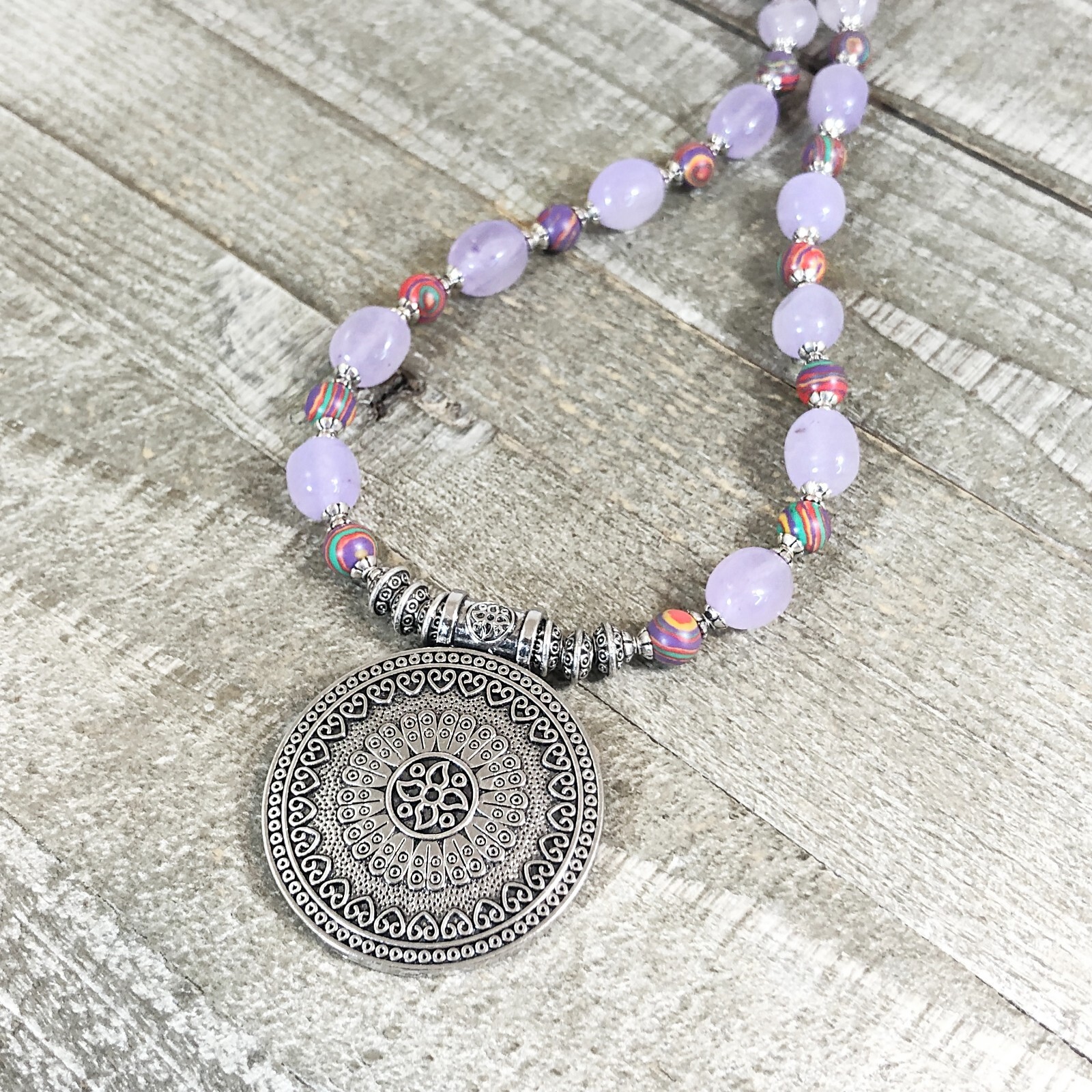 Silver Tribal Coin Medallion Choker with Lavender Quartz Nuggets and Malachite
