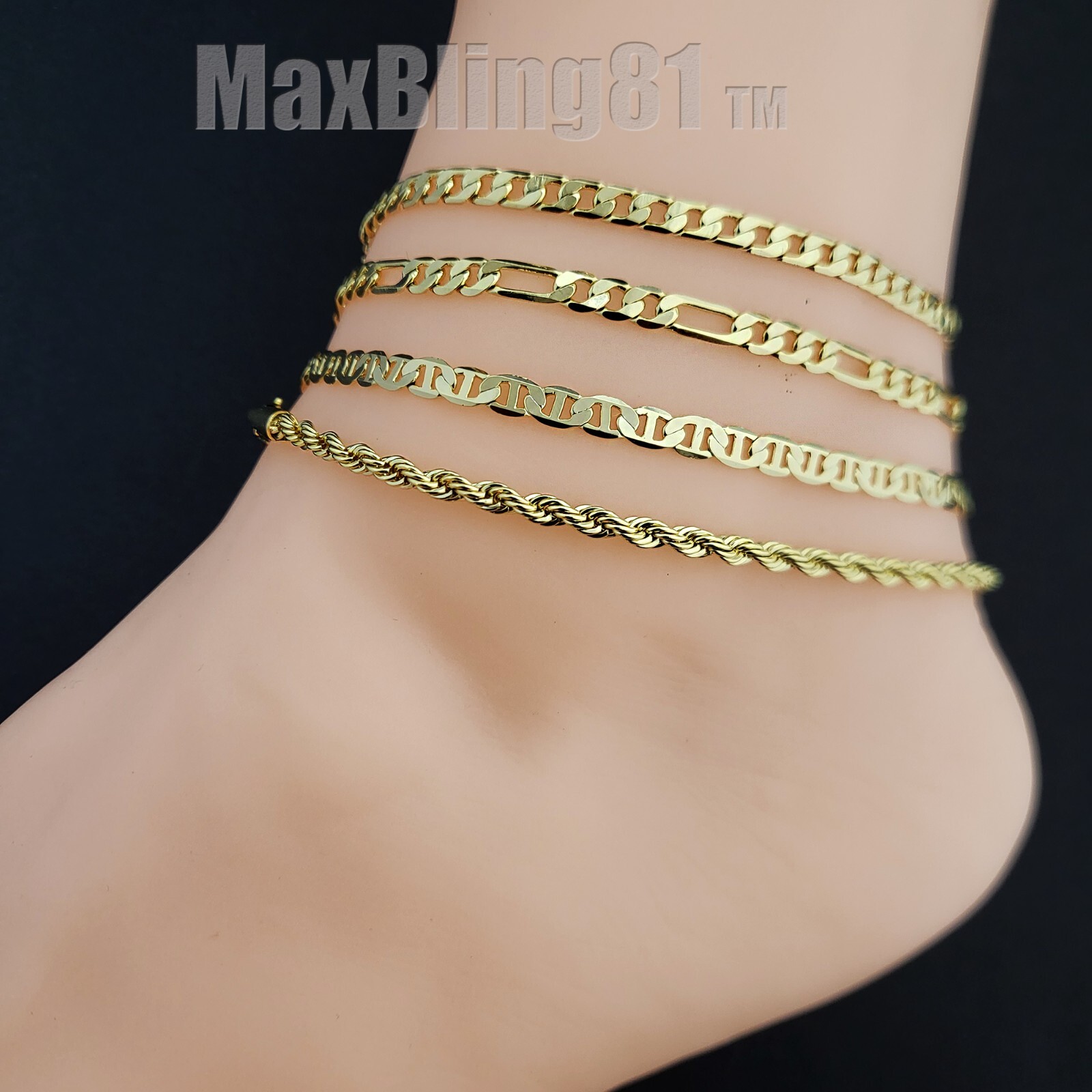 CUBAN FIGARO MARINA ROPE CHAIN 10″ FASHION ANKLET BRACELET 14K GOLD PLATED BRASS