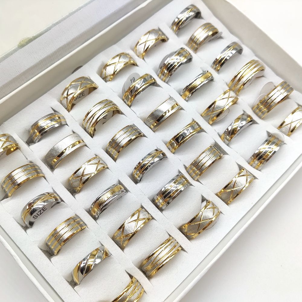 New 30pcs Gold Stripe Line TOP MIX Stainless Steel Rings Party Jewelry Bulk lots