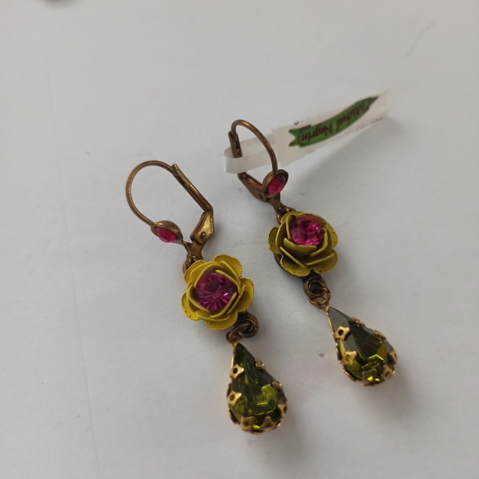 Michal Negrin Earrings Yellow Rose Hot Pink Fuchsia and Swarovski Crystals Gift