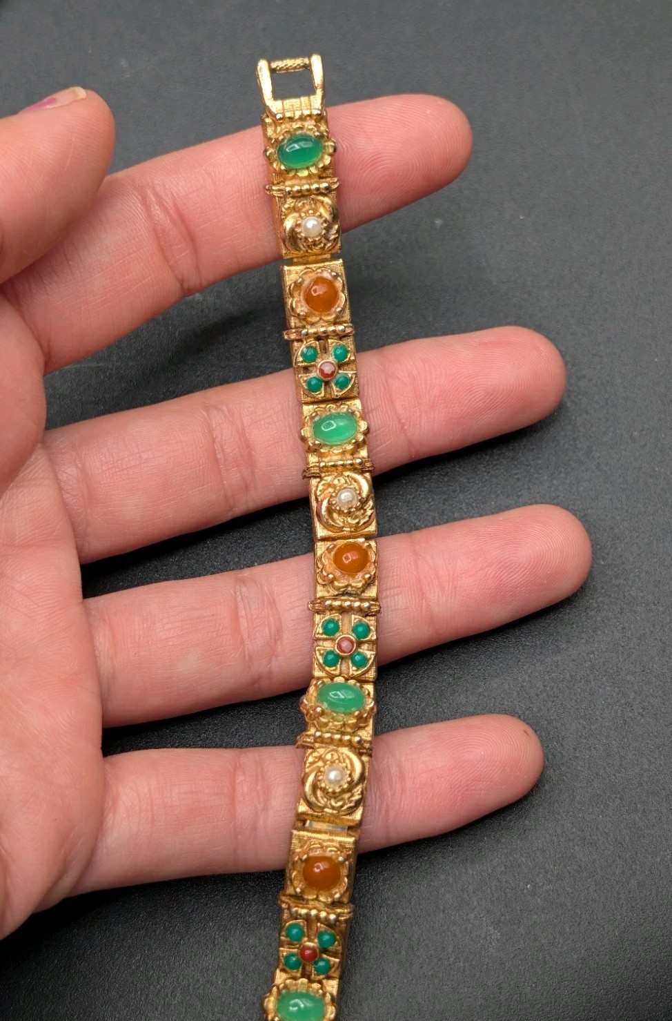Vtg HATTIE CARNEGIE Signed Etruscan or Victorian Revival Gold Tone Bracelet