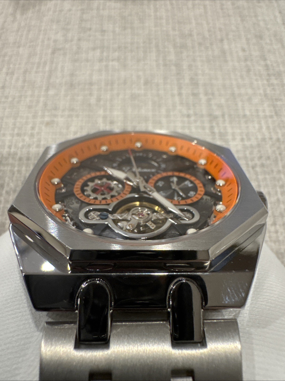 Automatic Skeleton Mechanical Moon phase Men’s Watch Orange Dial Stainless