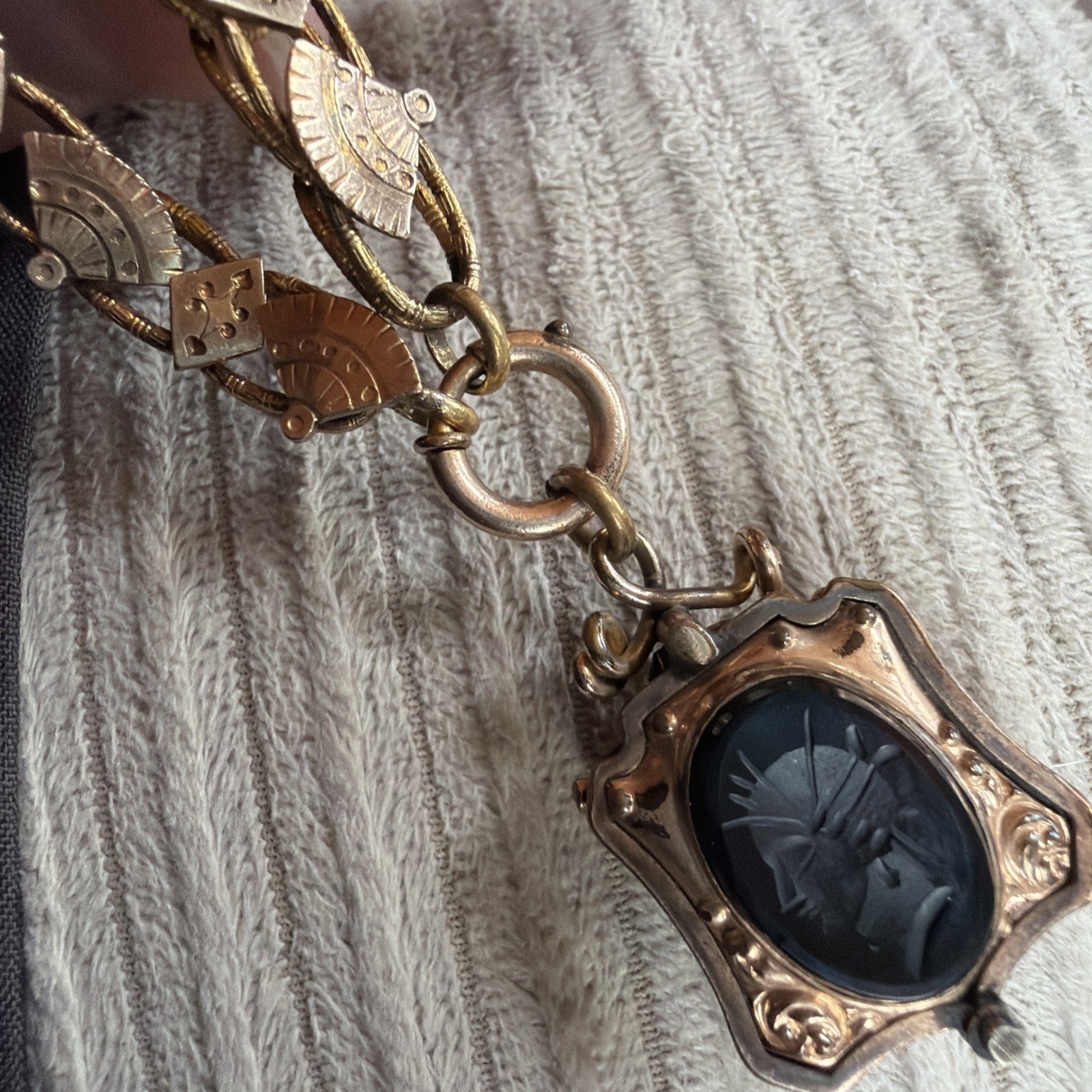 Victorian Etruscan 48g Gold Fill Book Chain Necklace Slide GF Locket Tiger Eye