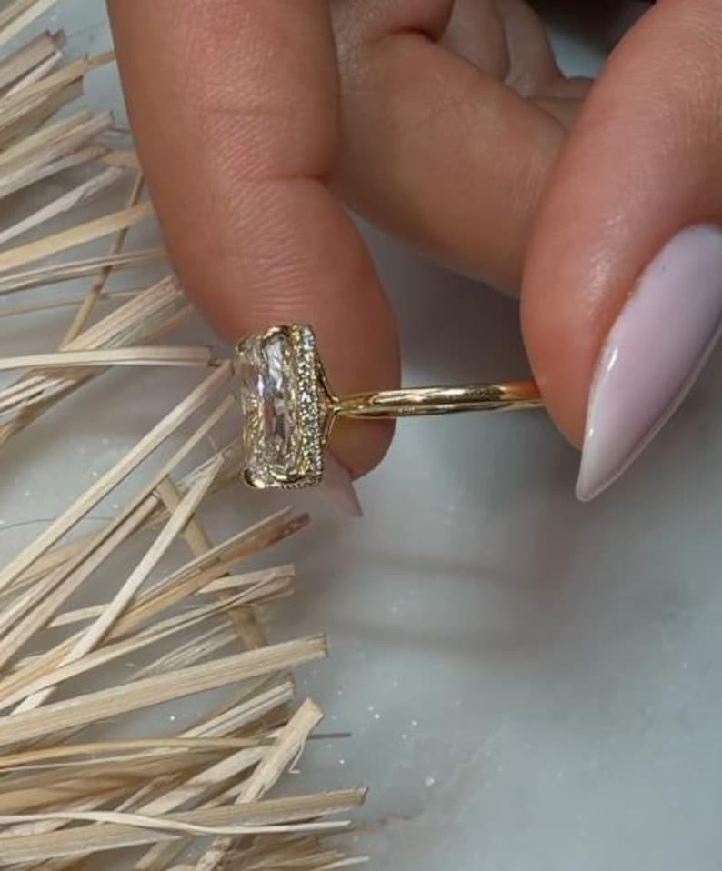 2.0 CT Radiant Cut Moissanite Prong Set 14K Gold Hidden Halo Engagement Ring