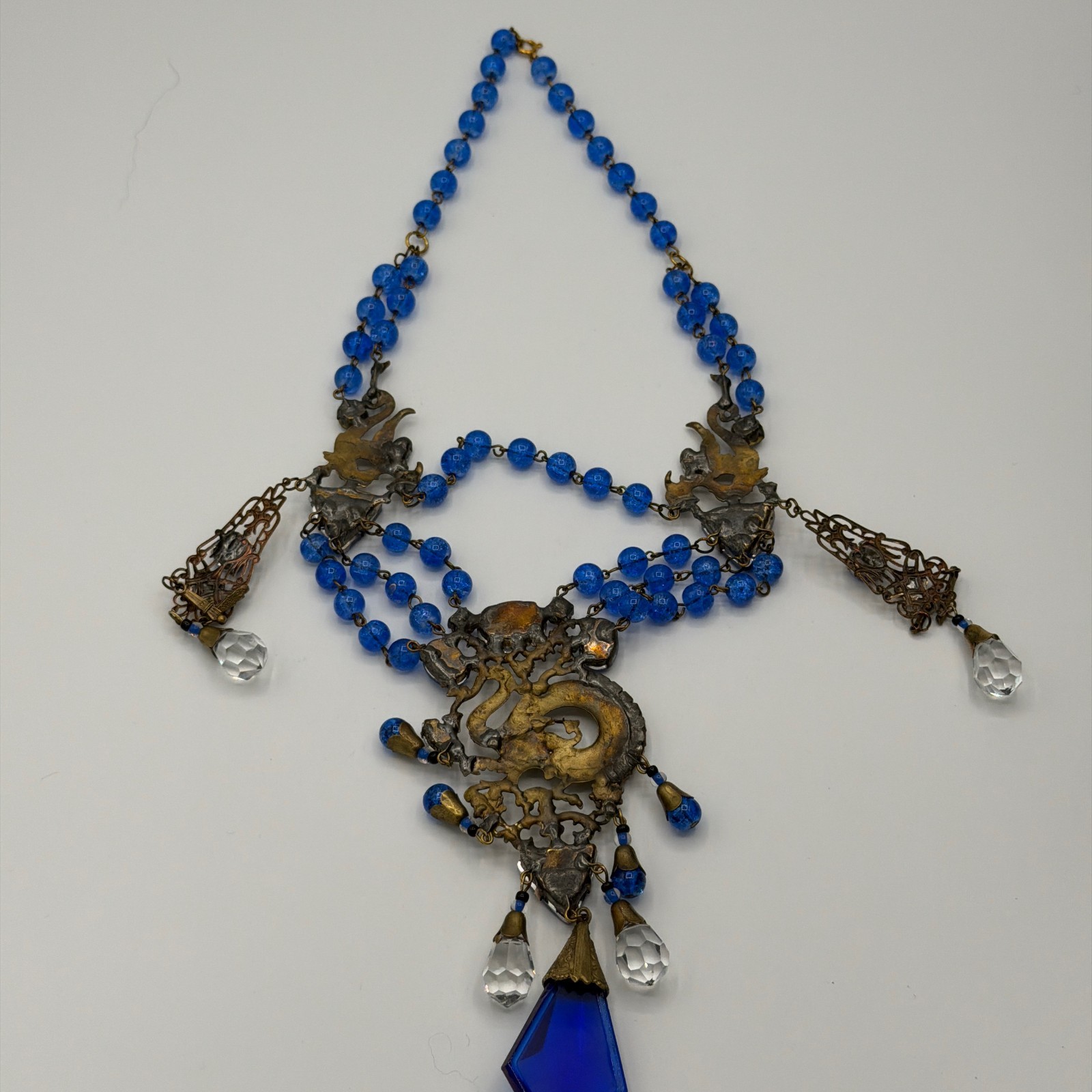 Vintage Czech Glass Necklace Blue Beads Multi Strand Dragon Motif Statement