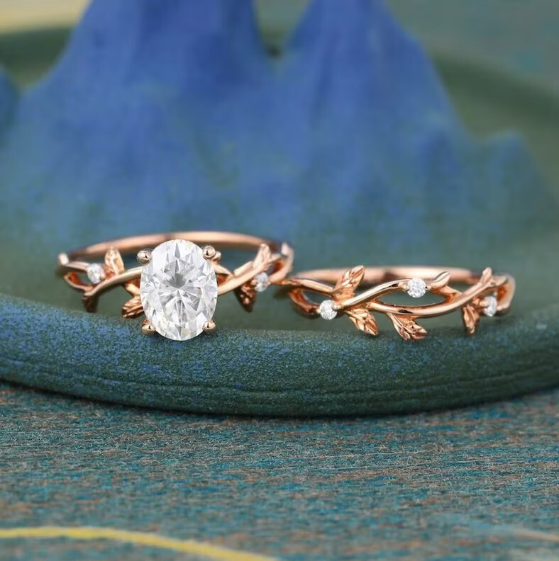 Floral 1.3Ct Oval Cut CZ-Stone Twig Wedding Bridal Ring & Band Set In 925 Silver
